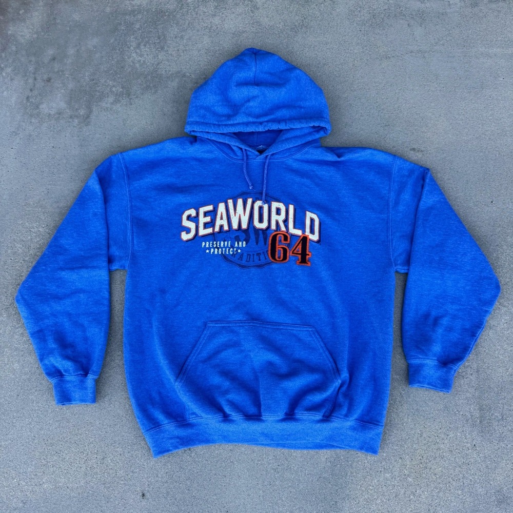SeaWorld Hoodie Mens Large Blue Preserve and Protect 64 Graphic Pullover